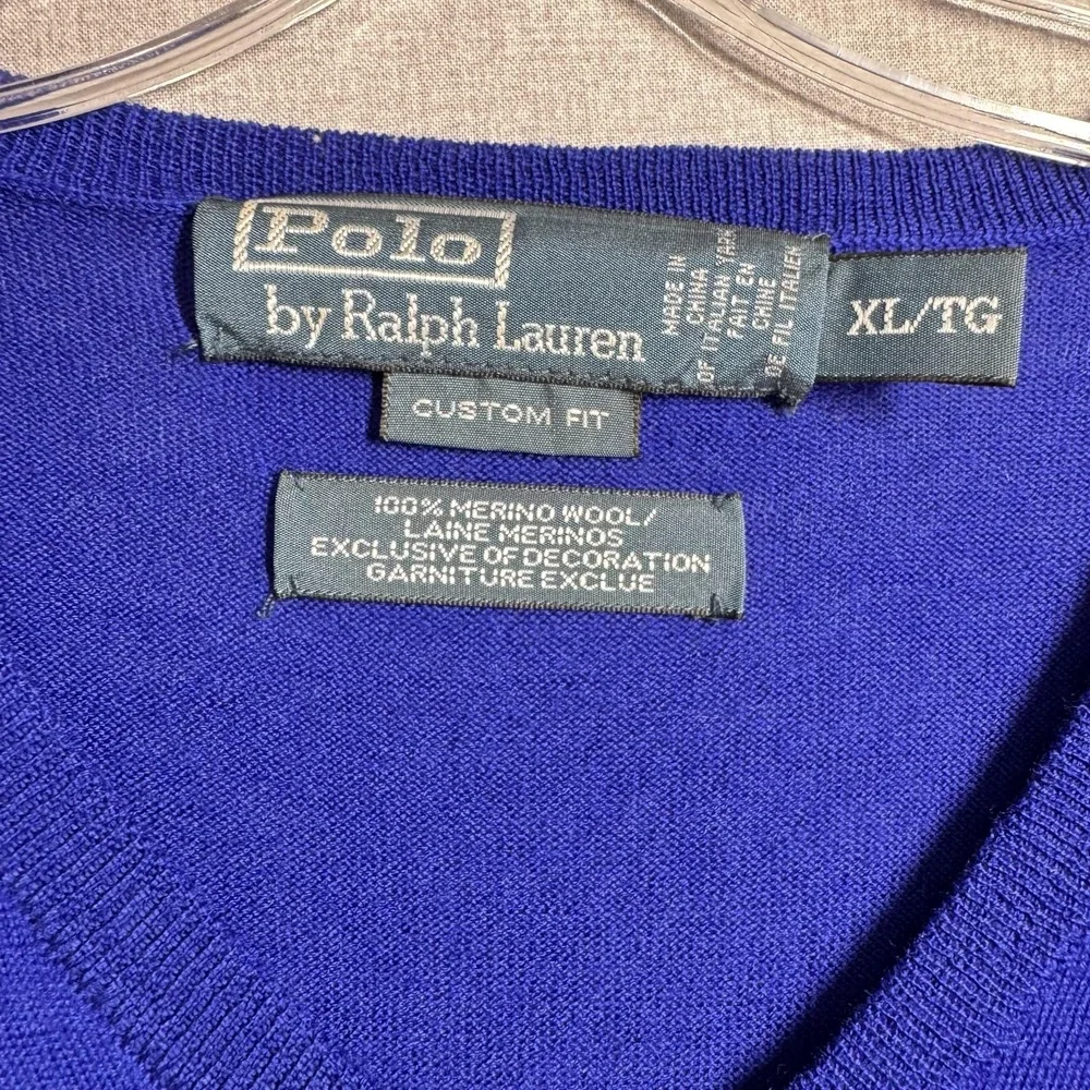 Polo Ralph Lauren Sweater Mens XL‎ Blue V Neck 100% Merino Wool Pullover Knit